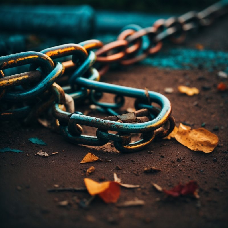 A broken chain link, signifying the breaking of societal stigmas around addiction. Each link is labeled with a different societal judgment like "unworthy" or "outcast," showing that the Third Tradition helps break these chains.