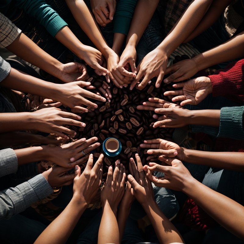 A circle of diverse hands reaching towards the center, each holding a different tool like a book, a cup of coffee, or a phone, symbolizing the various ways members volunteer their time and skills in a 12-step group.