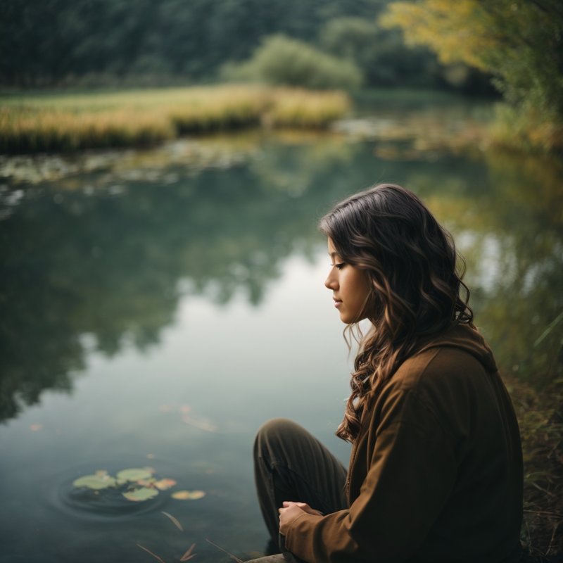 A woman self reflecting while sitting by a pond.