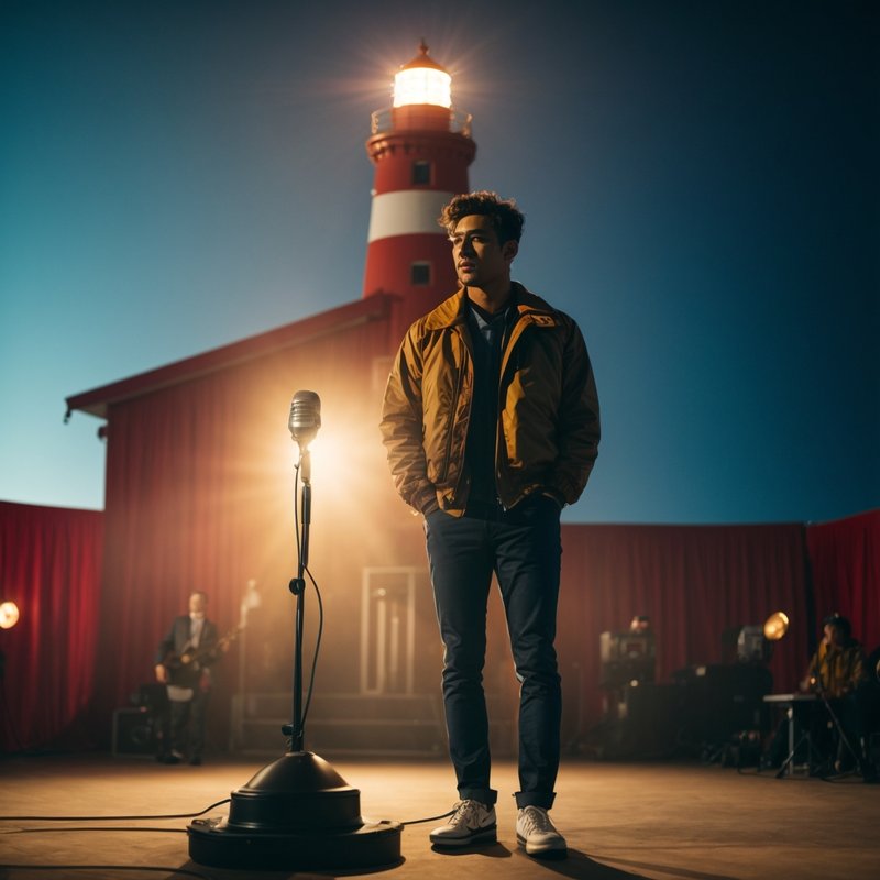 A person standing on a stage, holding a mic, with a lighthouse shining in the background