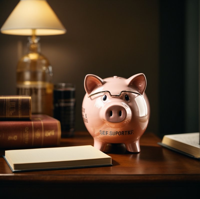 A piggy bank with the words "Self-Supporting" etched on it, standing on a table next to a 12-step book, symbolizing the group&#x27;s financial independence.