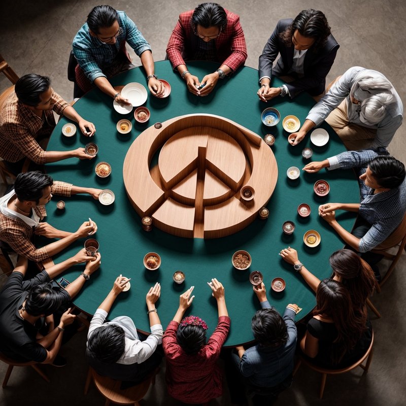 A round table with diverse hands reaching towards the center, each holding a different symbol like a peace sign, a religious icon, or a political emblem, illustrating the group&#x27;s neutral stance on outside issues.