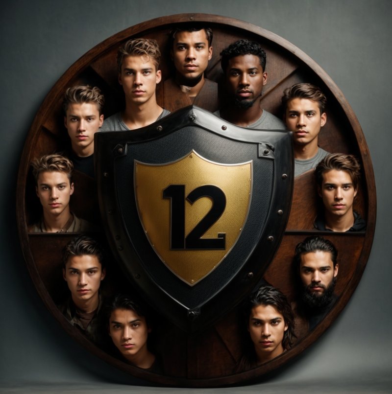 A shield with the number 12 engraved on it, surrounded by various faces, symbolizing how anonymity acts as a protective barrier for the group.