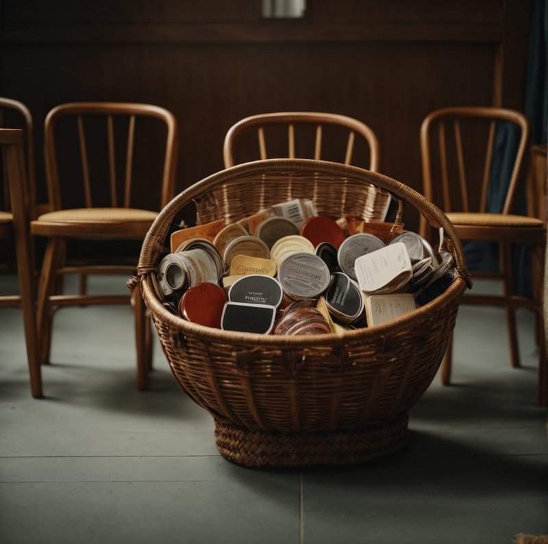 A small basket filled with contributions, placed in the center of a circle of chairs, illustrating how member contributions sustain the group.