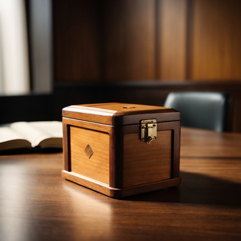 A small, simple wooden box with a slot on top, placed on a meeting table, symbolizing voluntary contributions from members.