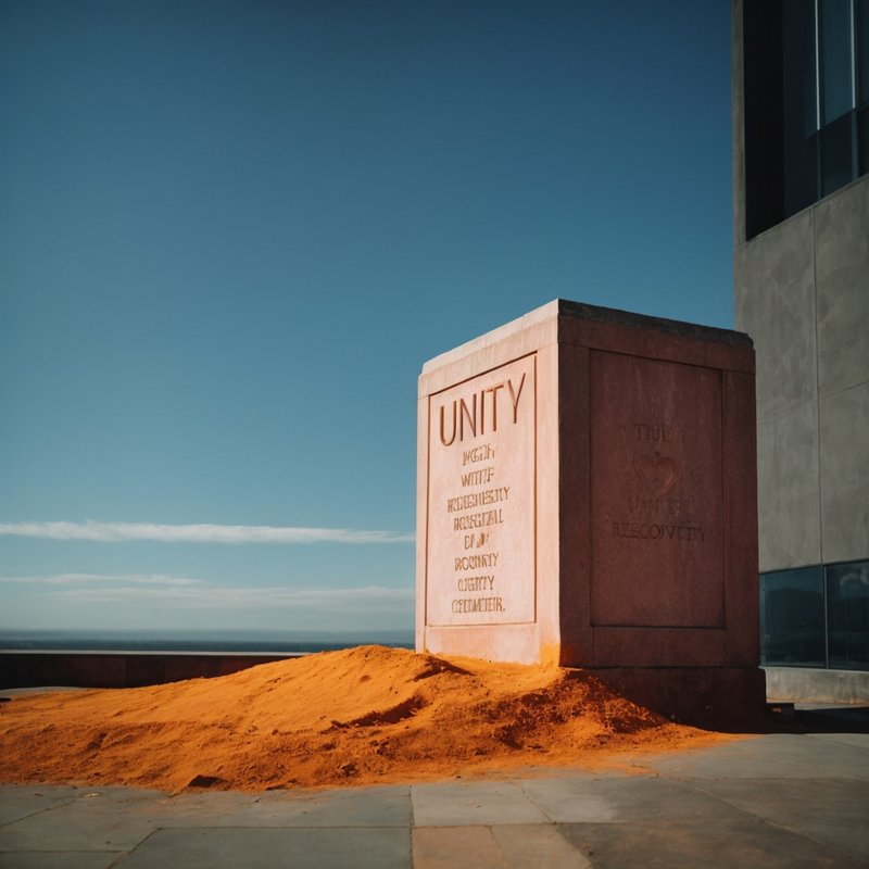 A solid cornerstone at the base of a building, engraved with the words "Unity" and "Recovery."