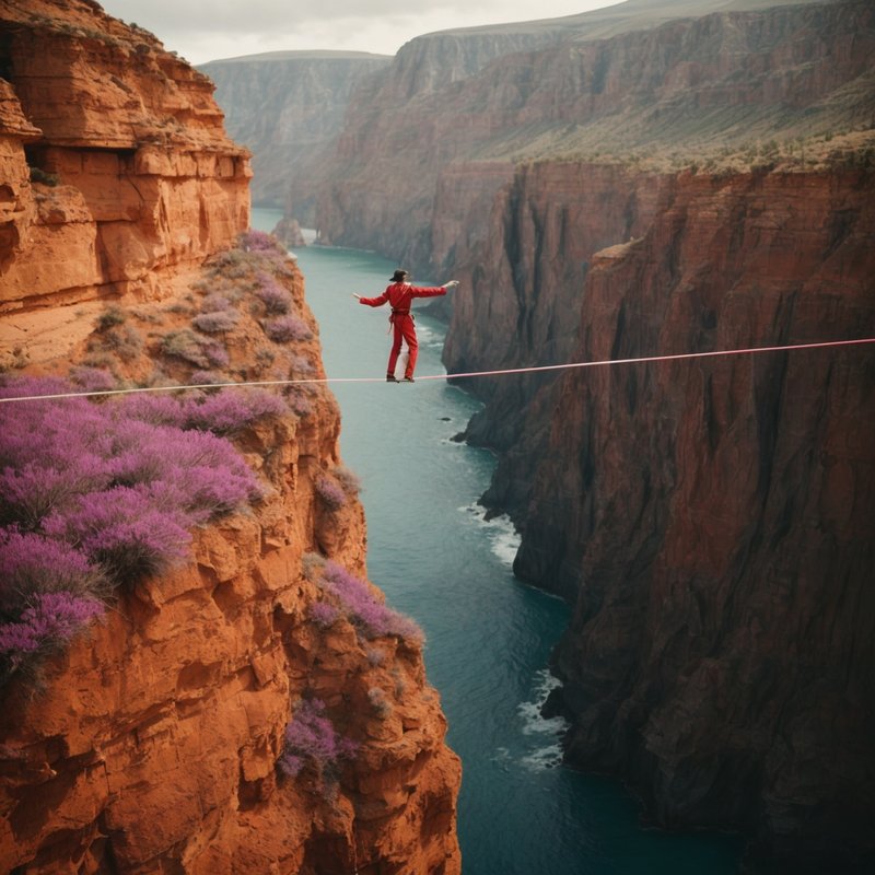 A tightrope walker carefully balancing between two cliffs