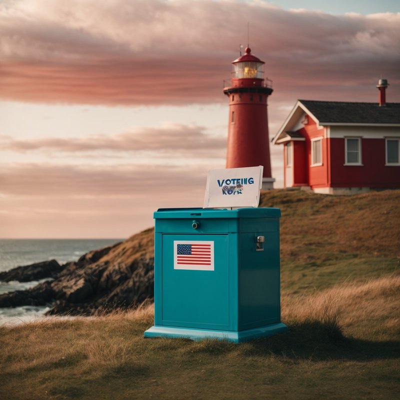 A voting box placed in front of a lighthouse